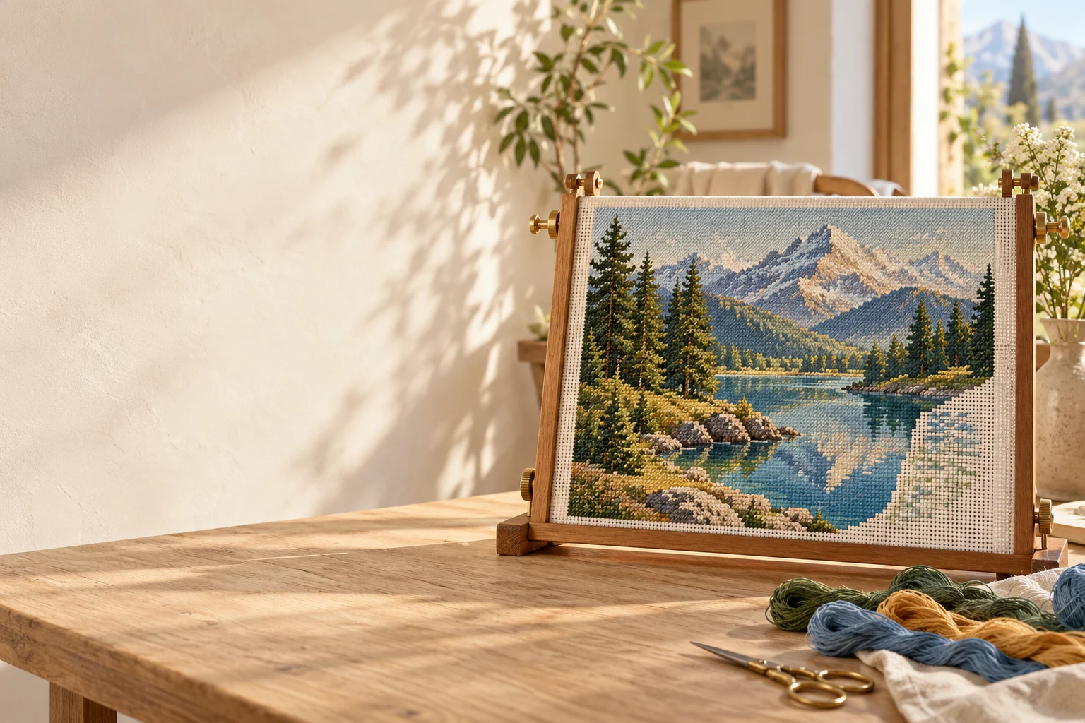 Alpesi tájat ábrázoló gobelin négyszögletes kereten, fonalakkal, napfényes műhelyben. Hangulatillusztráció.
