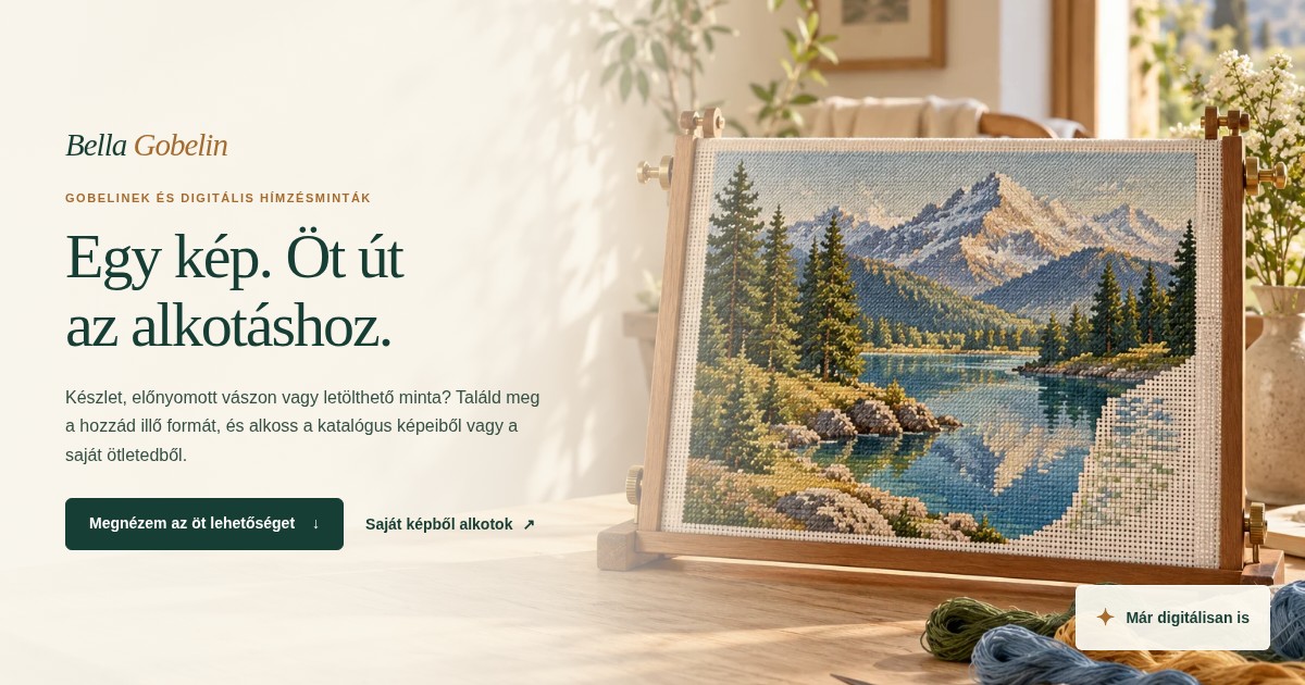 Alpesi tájat ábrázoló gobelin négyszögletes kereten, fonalakkal, napfényes műhelyben. Hangulatillusztráció.