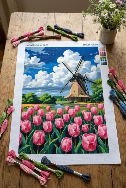 Hollandi szélmalom tulipánmezővel