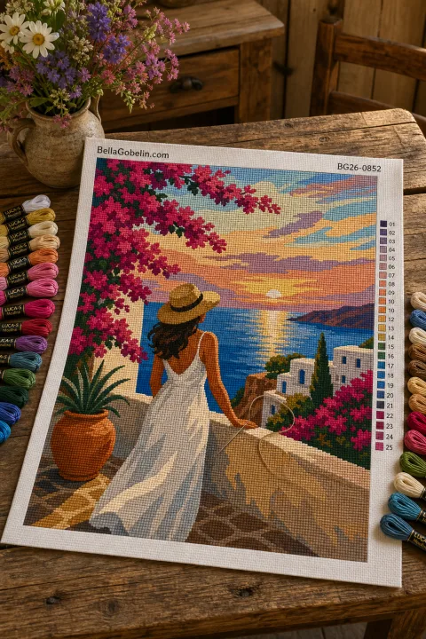 Mediterrán női életkép teraszon