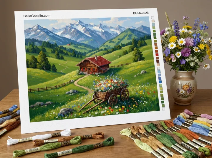 Alpesi táj virágos kocsival