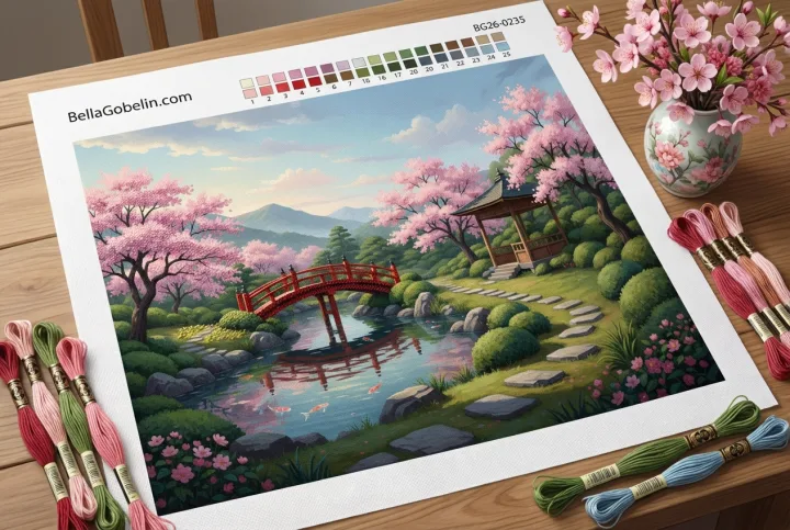 Japán kert cseresznyevirágzással