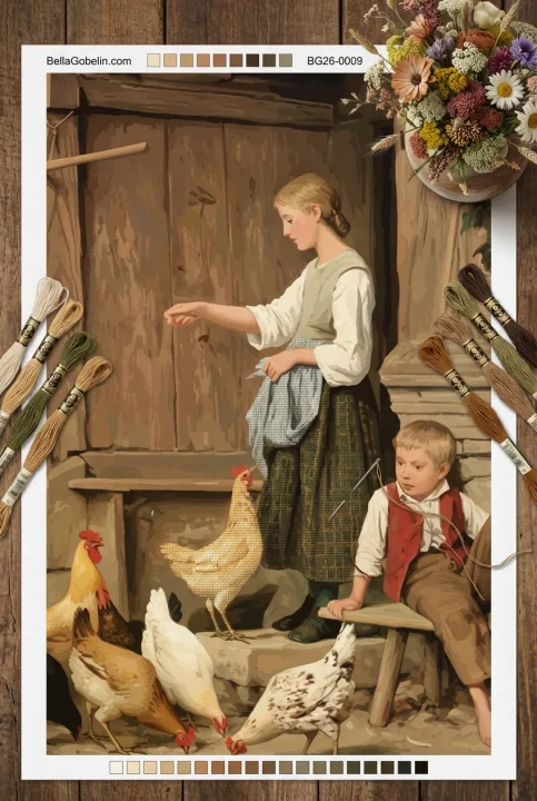 Albert Anker - Kinder füttern Hühner replika