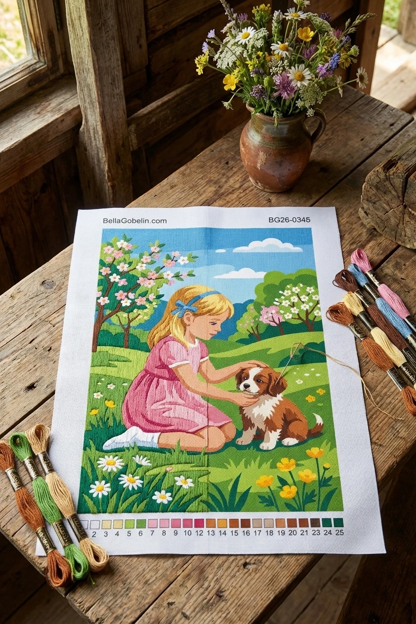 Lány kutyával tavaszi tájban