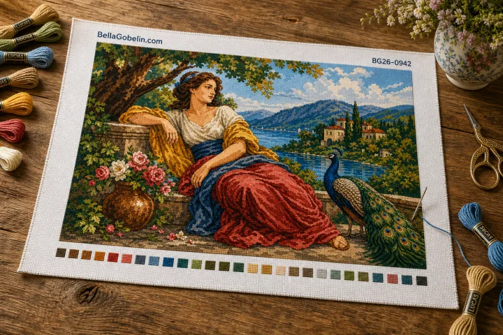Hölgy pávával a tóparton