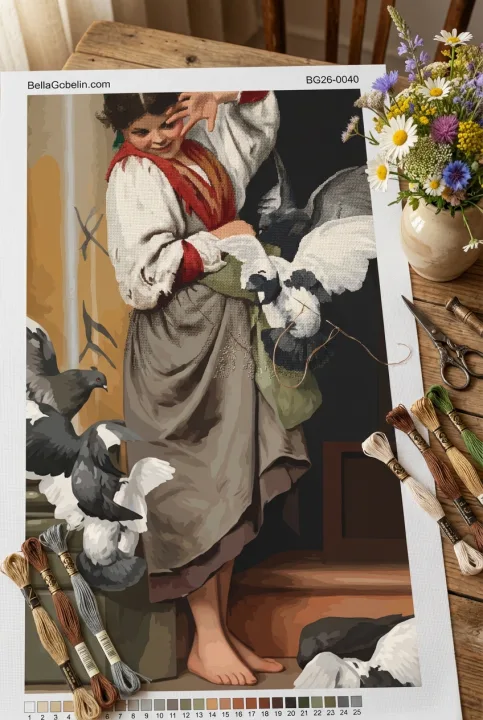 Ettore Tito - La bambina e i colombi replika