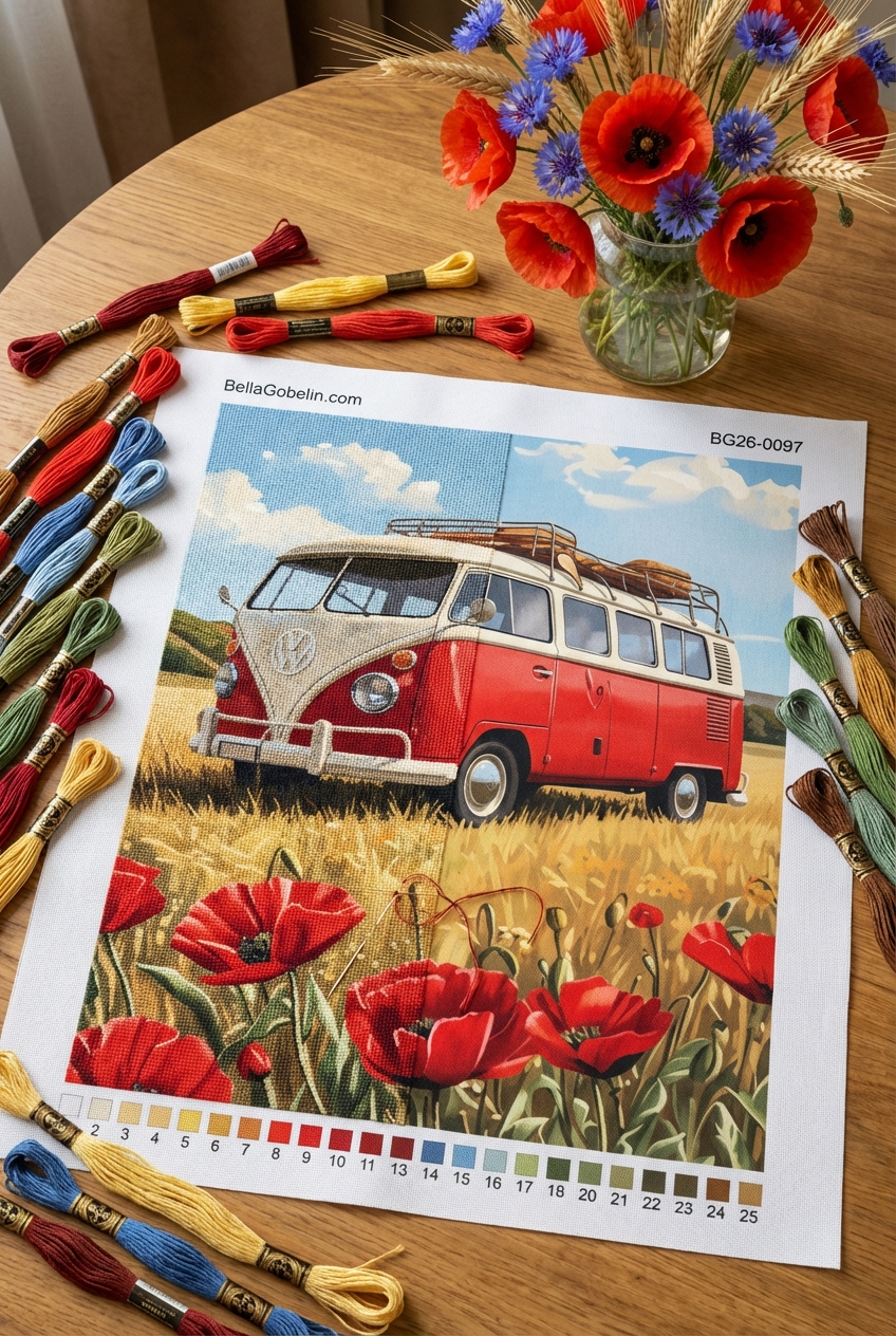 VW busz pipacsmezőben