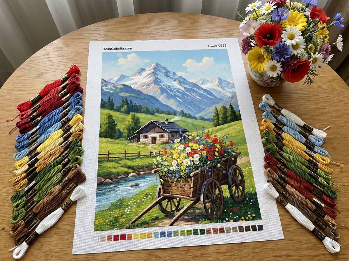Alpesi táj virágos szekérrel