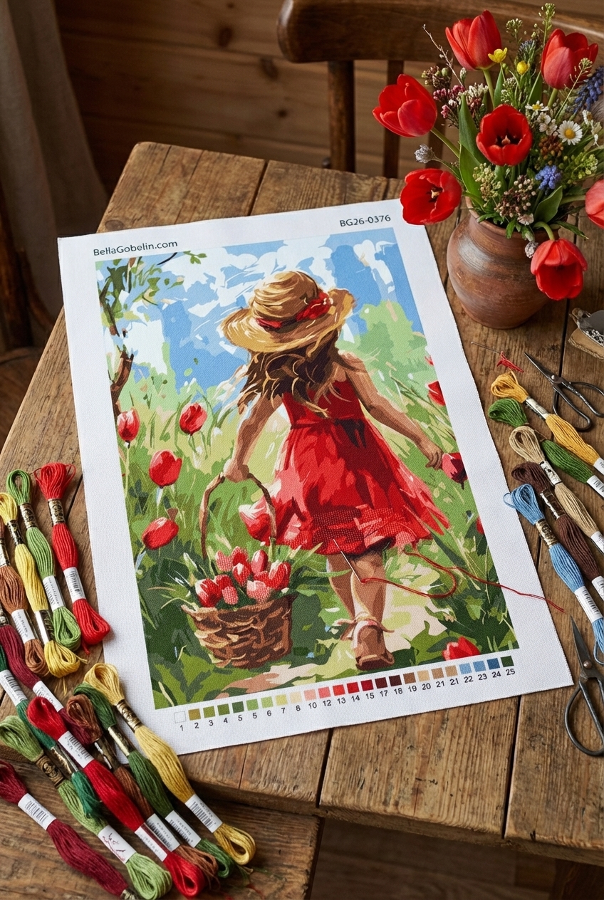 Lány tulipánokkal a mezőn