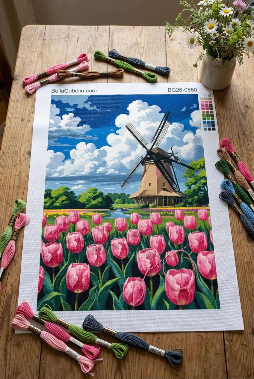 Hollandi szélmalom tulipánmezővel