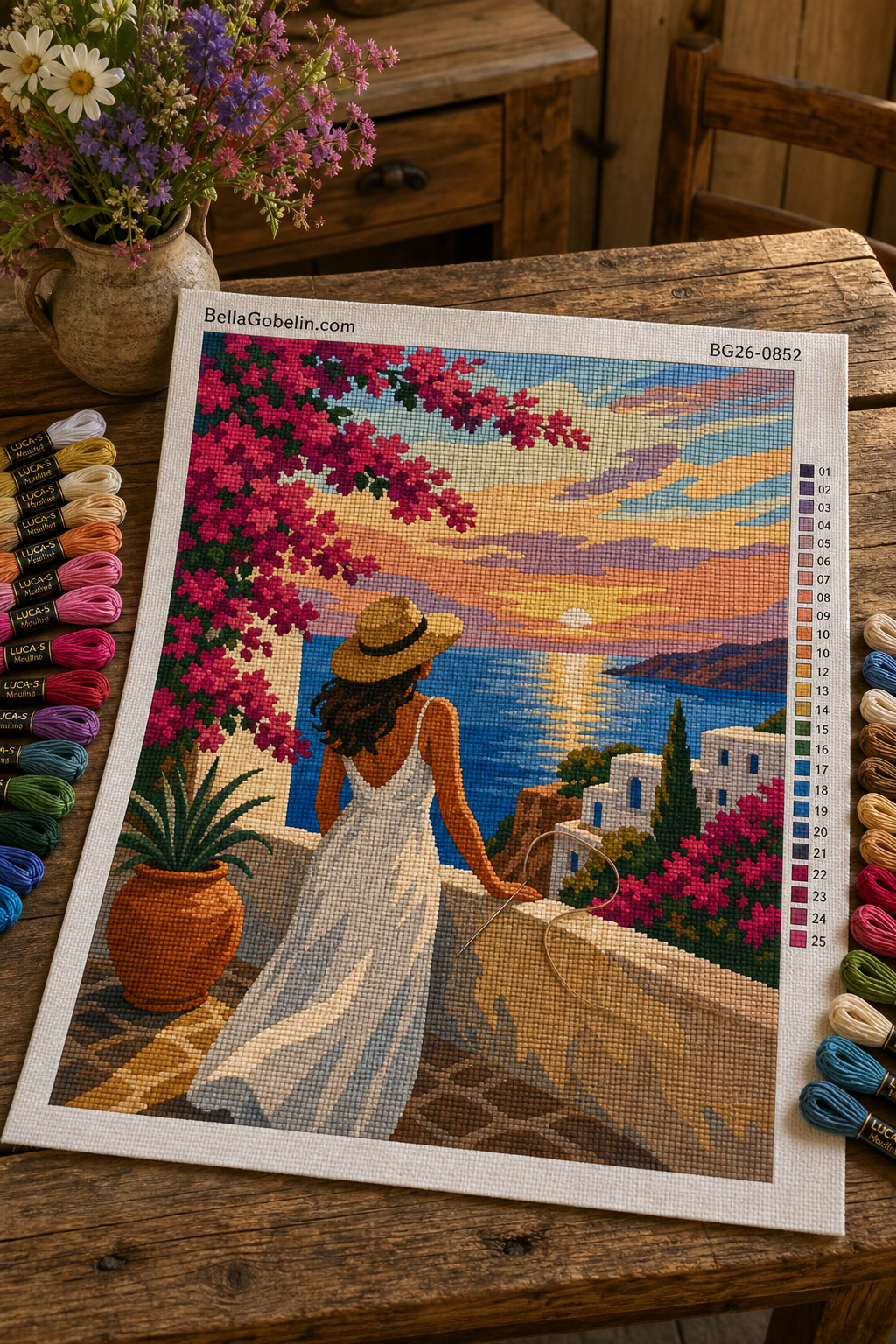 Mediterrán női életkép teraszon