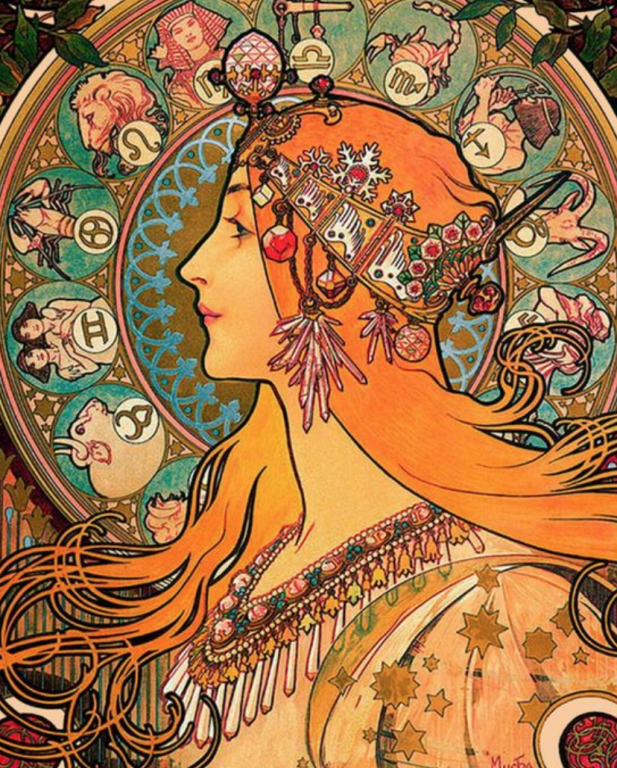 <div class='list-title'>Alphonse Mucha stílusú kép</div><div class='list-plustitle'>kivarrható gobelin készlet</div>