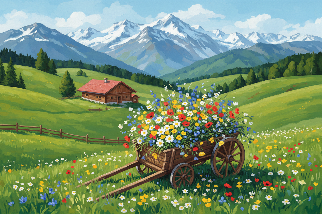 Virágos szekér alpesi tájban – BG26-0227