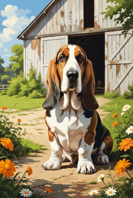Basset hound a pajta elott