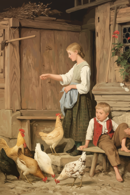 Albert Anker - Kinder füttern Hühner replika