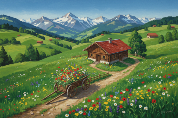 Alpesi táj virágos szekérrel – BG26-0226