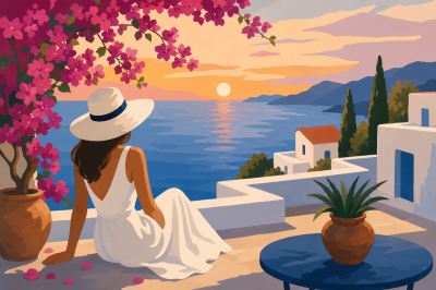 Mediterrán női életkép teraszon