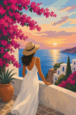 Mediterrán női életkép teraszon