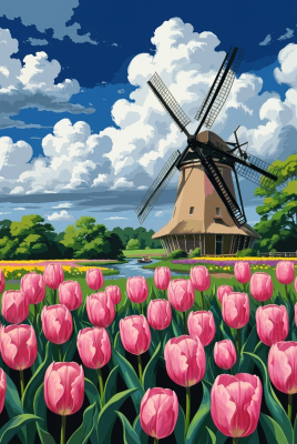 Hollandi szélmalom tulipánmezővel