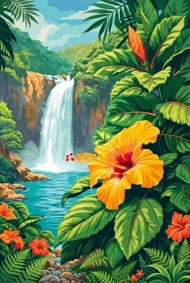 Trópusi vízesés hibiszkuszokkal