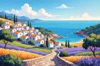 Mediterrán tájkép levendulamezővel