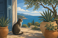 Macska a tengerparti teraszon